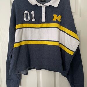 University of Michigan Women's Navy and White Cropped Rugby Sweatshirt with